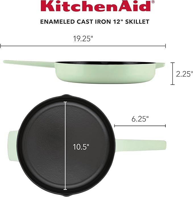 KitchenAid Enameled Cast Iron Frying Pan/Skillet with Helper Handle and Pour Spouts, 12 Inch, Pistachio