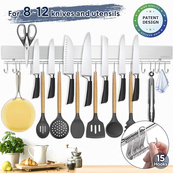 23 inch magnetic knife holder with 15 hooks, No Drilling knife magnetic strip and utensil hanger for wall, Powerful knife magnet rack include tape and screws