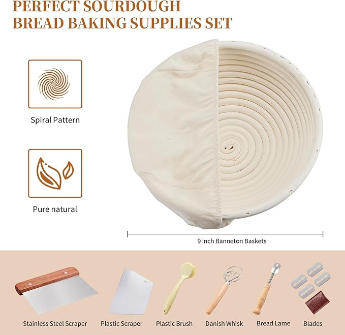 Banneton Bread Proofing Basket Banneton Basket Set Sourdough Proofing Basket Round Proofing Bowls Handmade Rattan Baskets and Liners (Round 9 inch Baking Set)