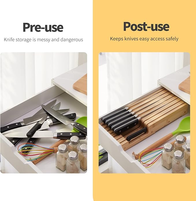 Bamboo Knife Block and In-Drawer Storage, Display Stand and Organizer, Holds Up To 7 Knives(Not Included)