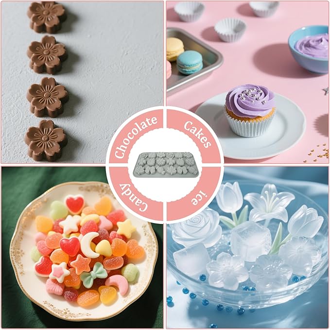 2 Pcs Flower Candy Silicone Molds, Different Shapes Of Chocolate Molds, Suitable for Making Candy, Chocolate, Fudge, Pudding, Cookies, Ice Cubes(Gray,Pink)