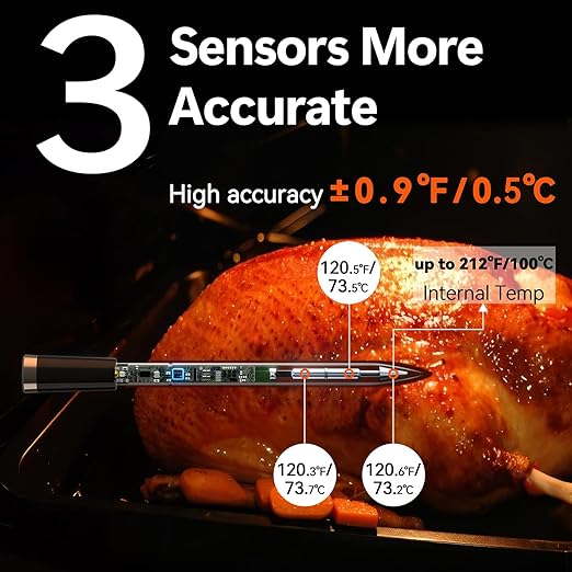 BFOUR Meat Thermometer Digital Wireless with LCD Booster, Bluetooth Food Cooking Thermometer with Smart App, 524FT Remote Range, 100% Waterproof & 752°F Heat Resistant Probe for BBQ Oven Grill Smoker