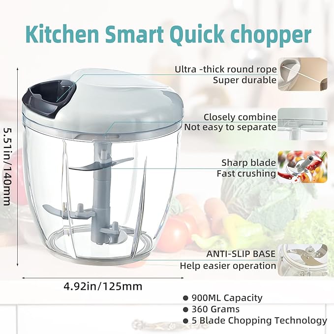 Manual Food Processor Vegetable Chopper, Hand Pull String Garlic Mincer Cutter for Veggies, Fruits, Nuts, Meat, Salad,900ml Gray