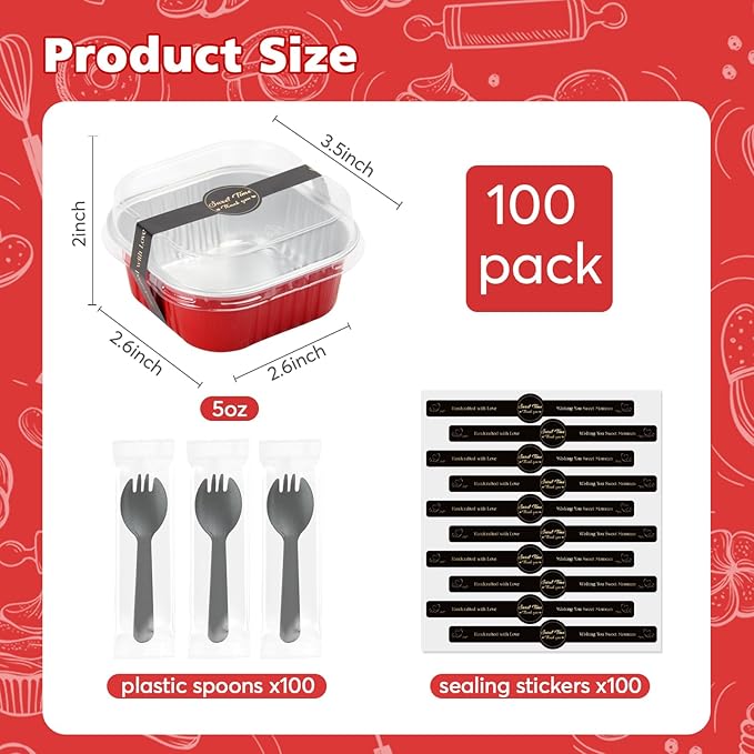 Ruckae 5oz 100 Pcs Square Mini Loaf Pans with Lids-Disposable Foil Dessert Containers,Mini Cake Pans with Lids,Aluminum Dessert Cups for Parties and Weddings (Red, 5oz)
