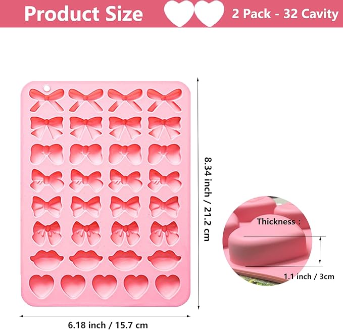 2PCS Silicone Molds Candy Bow Chocolate Silicone Mold Lip Chocolate Mold Heart Chocolate Molds, 33 Cavity Heart Shaped Mold for DIY Resin Product, Baking, Candy, Candles Pink