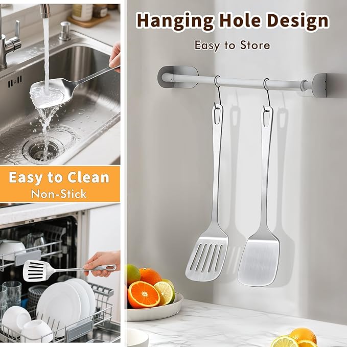Stainless Steel Spatula, Metal Spatula Slotted Turner, Heavy Duty Sturdy Spatulas for Kitchen Use, High Heat Resistant Cooking Utensils for Fish Eggs Pancakes, Dishwasher Safe, Easy to Clean, Silver