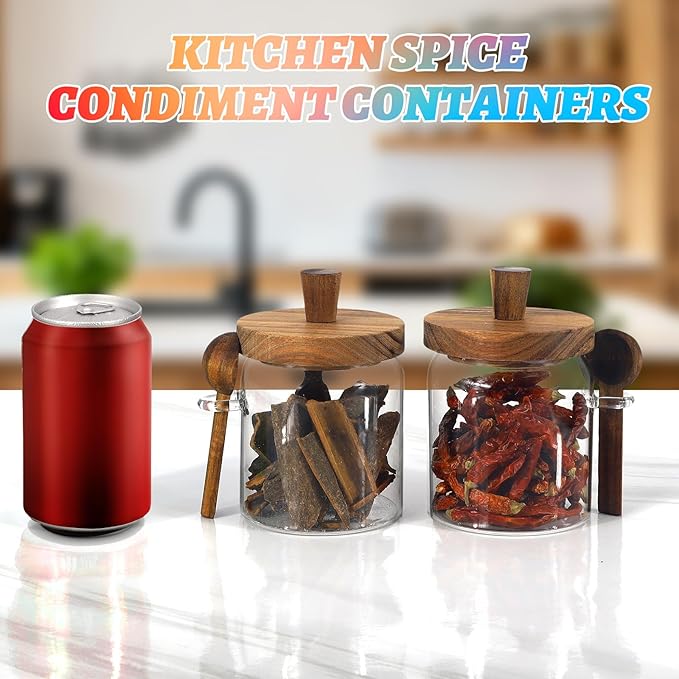 Glass Food Storage Jar with Lids Spoon Glass Coffee Canister Borosilicate Glass Food Containers for Ground Coffee Beans Nut Pasta Sugar Candy Spice Rice Tea (400ml/13.5oz-2 pcs-with spoon)