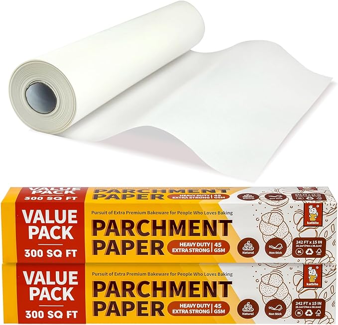 Katbite 2 Pack 15in x 242ft Parchment Paper Roll, 300 Sq. Ft Non-stick Baking Paper with Serrated Cutter, Perfect for Cooking, Air Fryer, Steaming, Bread - Value Pack