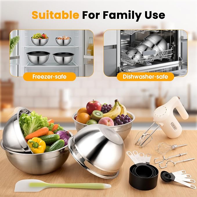 Lord Eagle 5-Speed Hand Mixer Electric Heldhand With Bowls Set, 300W Compact Mixer for Baking, Stainless Steel Mxing Bowl Measuring Cups Spoons