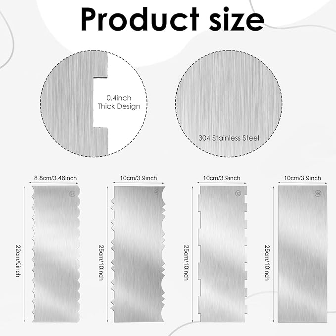 4 Pcs Stainless Steel Cake Scraper 10 Inch Metal Scraper for Cake Smoother Cake Decorating Comb Contour Double Sided Patterned Edge Stripe Tool Cake Cutter for Mousse Cream Pastry Baking