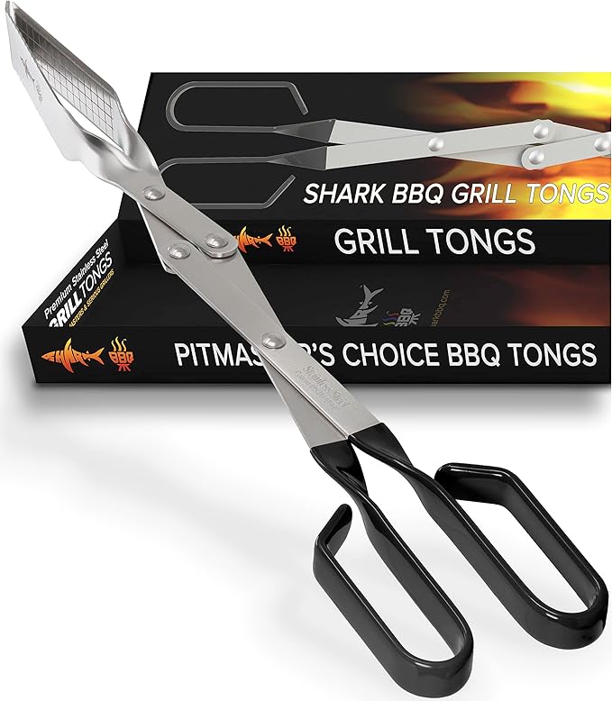 Shark BBQ Tongs for Steaks, 2-Pack 17" & 13" Professional Kitchen and Outdoor Grilling Utensil Set, by Shark BBQ Grill Tongs -(Black)