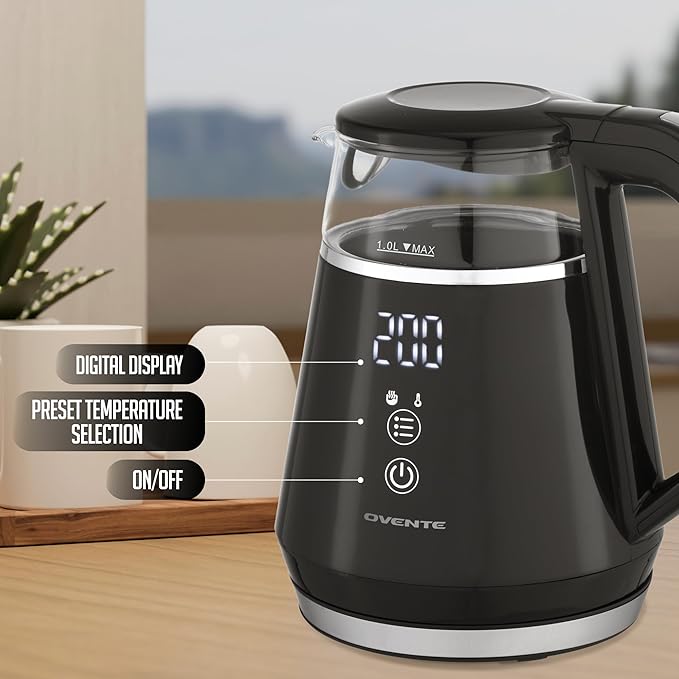 OVENTE 1L Small Electric Kettle with 5 Temperature Preset, Digital Display, 5Hr Keep Warm, Auto Shut-Off, Double-Wall Cool Touch Exterior, Borosilicate Glass,1500W BPA Free Water Boiler, Black KD95B