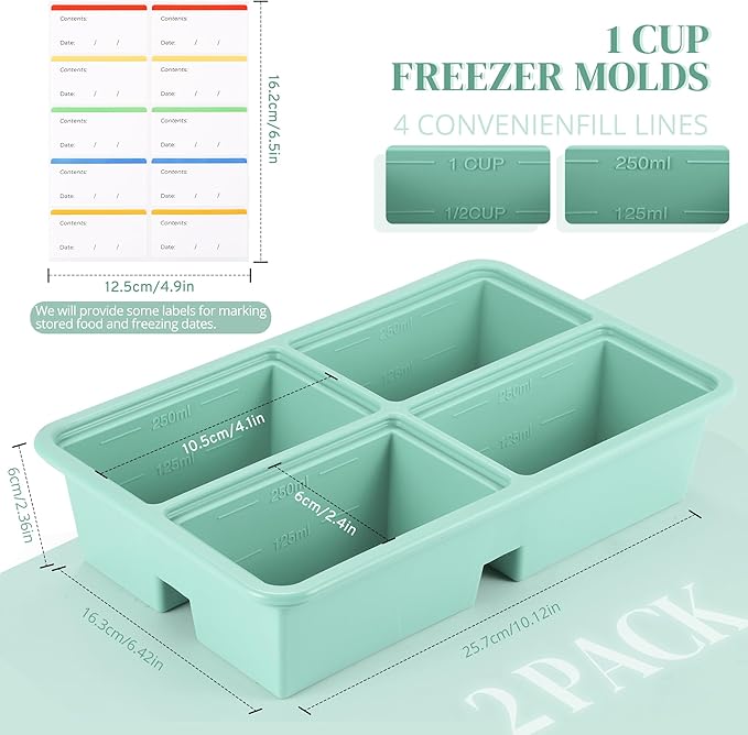 2 PACK 1 Cup Silicone Freezer Trays With Lid For Freeze & Store Soup, Broth, Leftovers, Microwave-safe Soup Freezer Container - Green