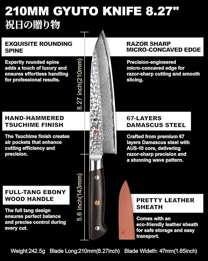 Japanese Chef Knife Kitchen Knife with 67 Layers Damascus Steel AUS-10 Core, Professional Damascus Knife with Full-Tang Ebony Wood Handle and Premium Gift Box(8.27 Inch Gyuto Chef Knife)