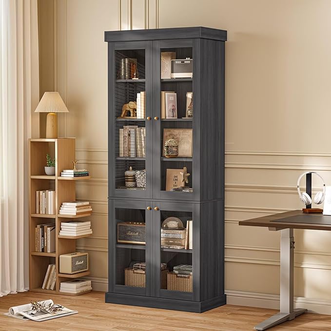 70.8" Tall Black Bookshelf with Glass Doors, Farmhouse Modular Bookcase with 6-Tier Adjustable Shelves, Large Storage Cabinet for Home Office, Living Room