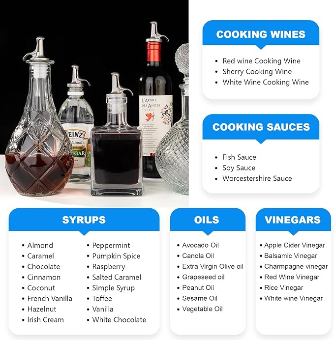 3-in-1 Liquor Bottle Pourers with Speed Spouts, Olive Oil Spout with Built-in Caps - Dishwasher Safe, Alcohol Speed Spouts - 2PCs with 2 Adapters