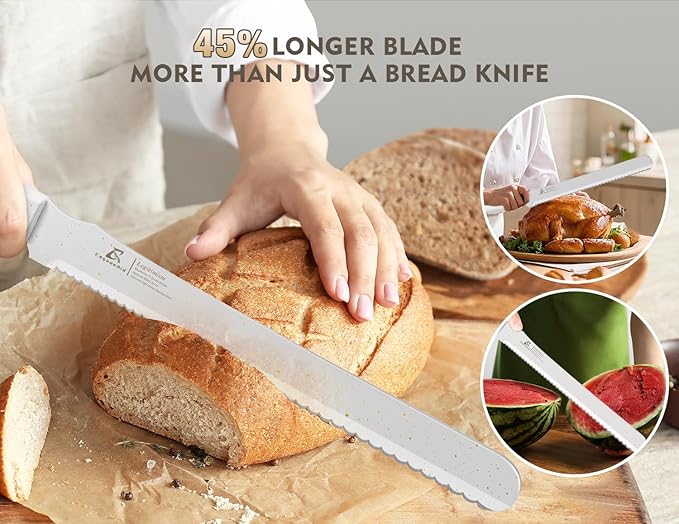 Resharpenable Bread Knife for Homemade Bread, 11.6-Inch Multifunction Serrated Knife with 5 Thickness Adjustable Slicing Guide, Stainless Steel Bread Cutter, Razor Sharp for Sourdough, White
