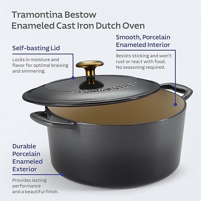Tramontina Bestow Enameled Cast Iron Dutch Oven Pot with Lid, Round 5.5-quart, Smoke (Gold Knob)