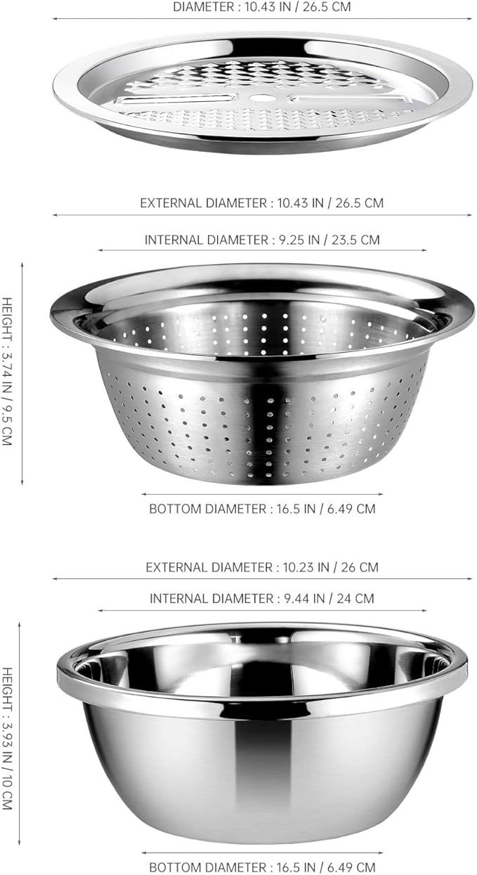 Cabilock Graters for Kitchen Handheld Stainless Steel Drain Basket Vegetable Cutter 3 In 1 Kitchen Multipurpose Grater Salad Bowl For Home (Silver) Colanders & Food Strainers
