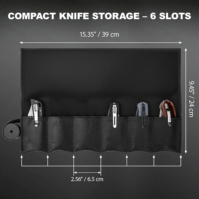 Real Leather Pocket Knife Roll with 6 Slots – Folding Knife Display Bag, Tactical Outdoor EDC Storage Protector, Compact Mini Case for Knives