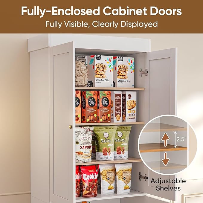 70.8" Tall Farmhouse Kitchen Pantry Cabinet with Doors, Modular Storage Cabinet with 4-Tier Adjustable Shelves, White, Wooden Hutch for Kitchen, Living Room