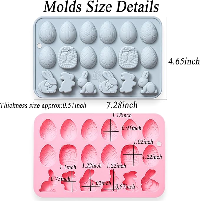 2 Pcs Egg Bunny Silicone Molds, 18-Cavity Baking Molds for DIY Cake Decoration,Chocolate, Pastry, Bread, Ice Cube, Soap, Jello, Easy Release, Reusable