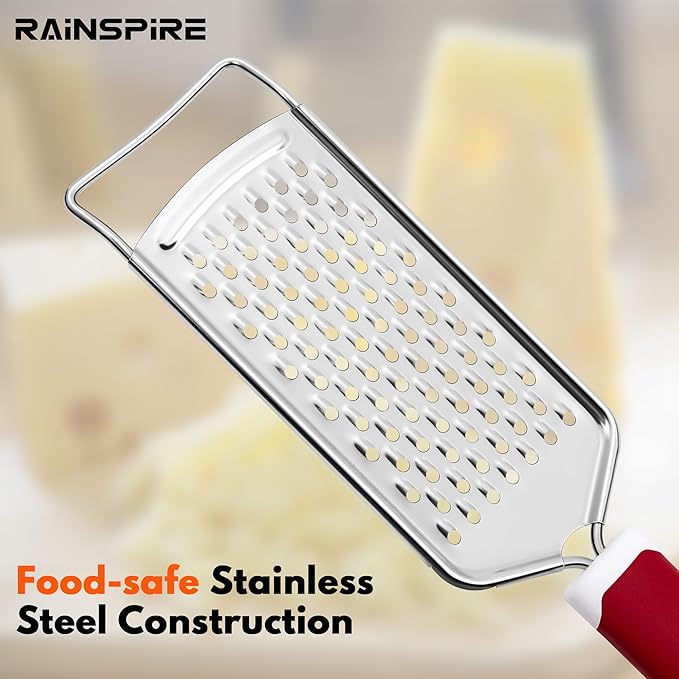 Rainspire Professional Cheese Graters for Kitchen Stainless Steel Handheld, Metal Lemon Zester Grater With Handle For Cheese, Chocolate, Spices, Kitchen Gadgets Tools, Soft Grip Handle (Red)