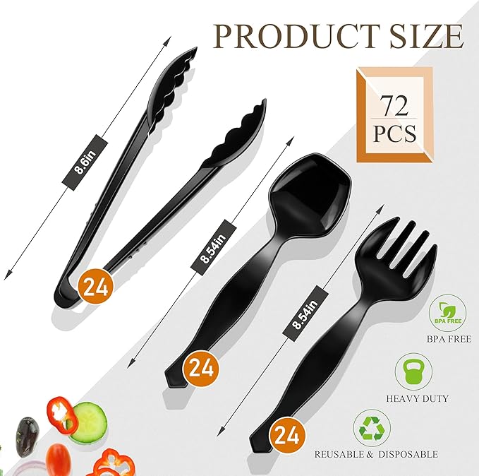72 Pcs Plastic Serving Utensils Set 9'' Large Disposable Serving Spoons Forks and Tongs for Serving Food Heavy Duty Black Party Utensils Supplies for Buffet Restaurant Picnic Dinner Salad Noodles Soup