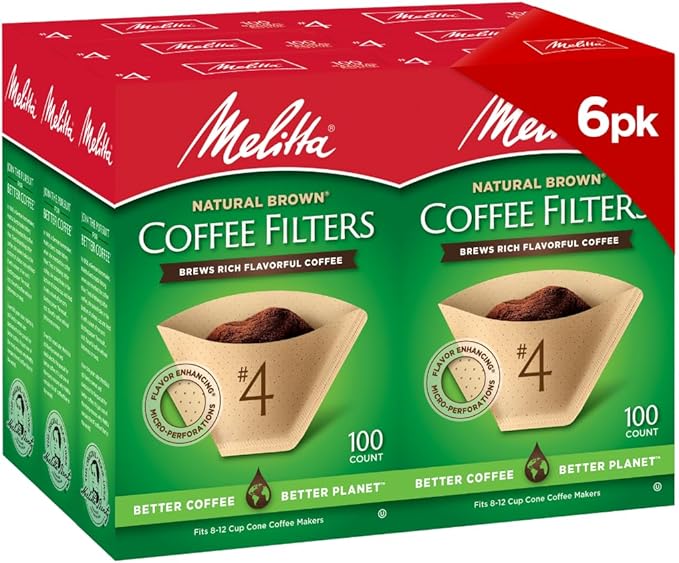 Melitta #4 Cone Coffee Filters, Natural Brown, 100 Count (Pack Of 6), 600 Total Filters - Fits all 8-12 Cup Cone Coffee Makers and Pour-Overs, Compostable, Tear-Resistant, Made in USA
