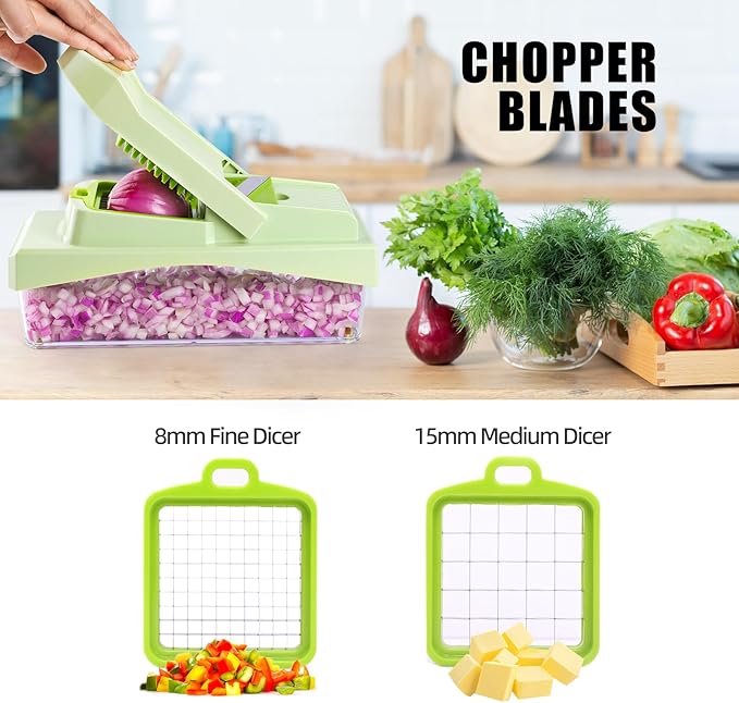 RüK 10-in-1 Vegetable Chopper – 6 Blade Veggie Chopper with Container, Food Dicer, Onion Cutter, Cheese Grater, Mandoline Slicer, Kitchen Gadgets & Home Essentials (Green)