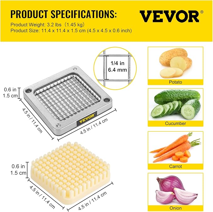 VEVOR Replacement Chopper Blade, 1/4 inch, 3 PCS French Fry Blade Assembly with 6 Extra Knives, Stainless Steel Dicer Parts and Push Block for Cutting Potatoes Carrots Onions Cucumbers Mushrooms