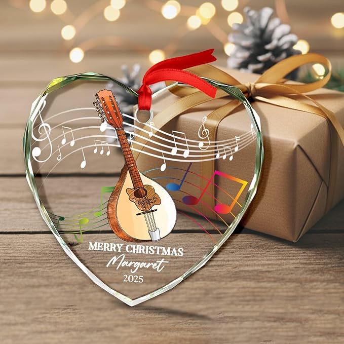 Personalized Mandolin Musical Instrument Glass Ornament, Customized Year Text Name Christmas Ornaments Gift for Mandolinist Women Men Mandolin Musical Player, Mandolins Instrument Glass Xmas Ornament