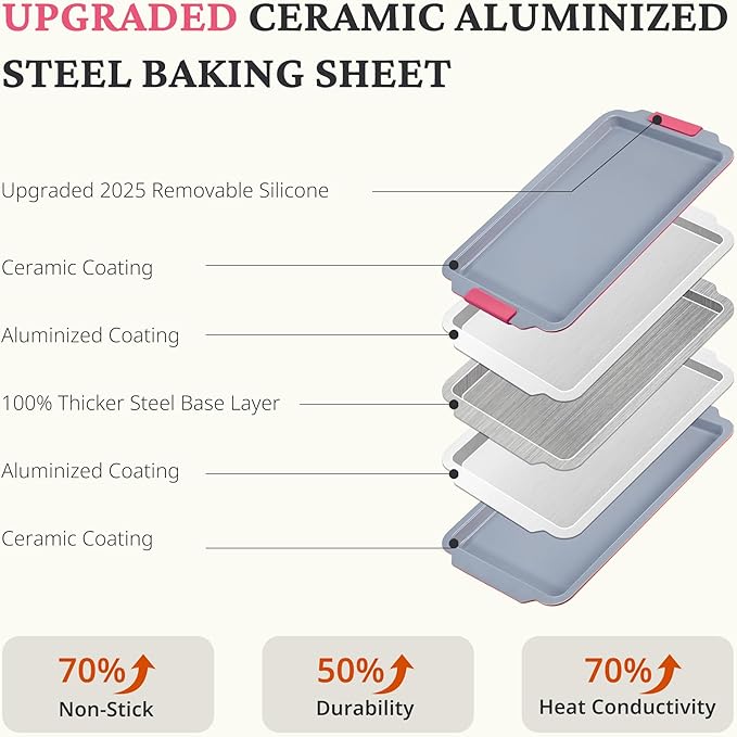 BRONYPRO Non Stick Ceramic Baking Sheet Pan Set of 3, Natural Non Toxic Cookie Sheets for Baking - PFOA, PTFE Free, Aluminized Steel Oven Trays for Cooking with Silicone Handles, Rose Red