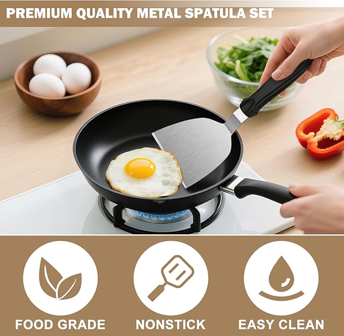 4-Pack Stainless Steel Spatulas for Cast Iron Skillet - Heat Resistant Handle Metal Turner & Scraper Set for Griddle, Pancakes, Burgers and Regular Cookware