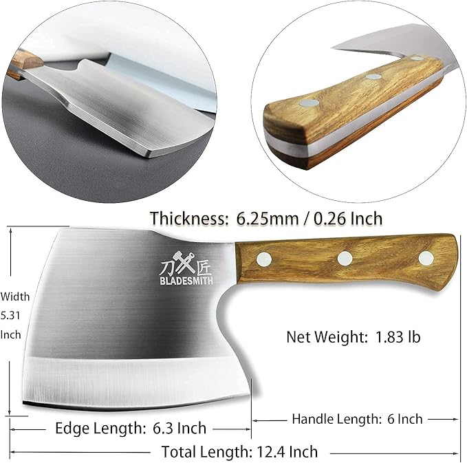 BLADESMITH Meat Cleaver Butcher Axe Bone Chopper Heavy Duty - 6.3'' Bone Cutting Knife Bone Breaker, Stainless Steel Thicken Blade & Pear Wood Handle, Slaughterhouse Looks Manly,2025 Gifts