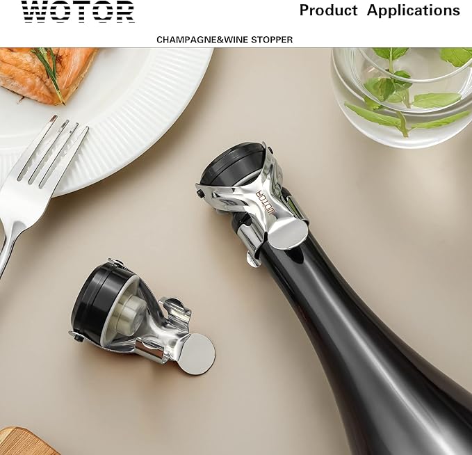 WOTOR Champagne&Wine Bottle Stoppers Stainless Steel with Food Grade Silicone, Leak Proof Keep Fresh Reusable Saver, Cork Suitable for Wine, Champagne, Cava, Prosecco and Sparkling (12 Pack Silver）