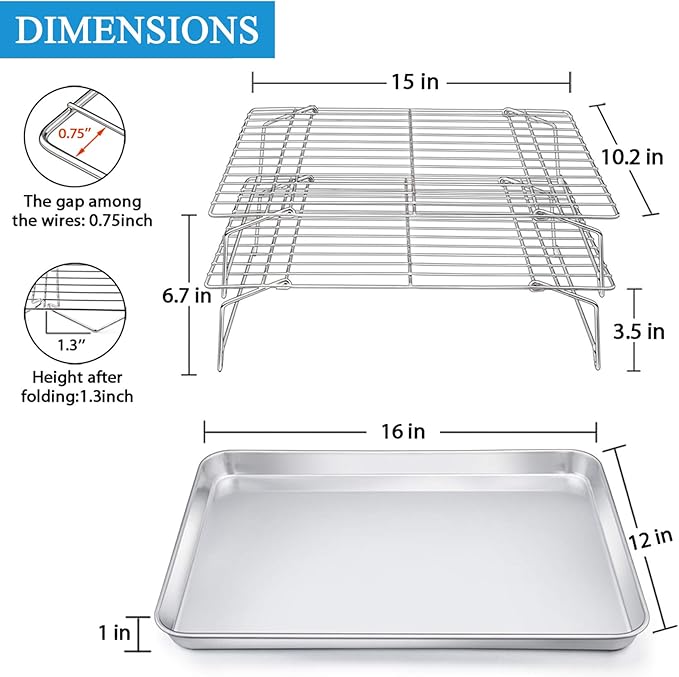 P&P CHEF 16 Inch Stainless Steel Baking Sheet with Rack Set (2 Pans+ 2 Racks), Cookie Sheets Baking Trays and Cooling Wire Racks, Oven & Dishwasher Safe, Pans with Stackable Racks