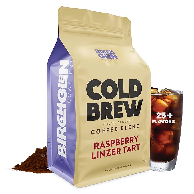 Birch Glen Roasters Cold Brew Coffee | Flavored Coarse Ground Coffee | Artisanal Roasting | 100% Arabica |1 LB Bag | Raspberry Linzer Cookie