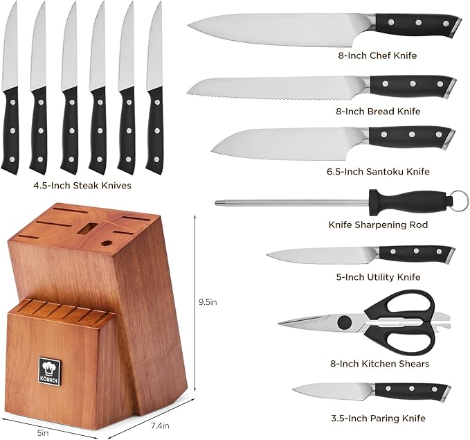 14-Piece Kitchen Knife Set with Oak Wood Block – 3Cr13 Stainless Steel Knife Block Set with Chef Knife, Santoku, Bread, Utility, Paring & 6 Steak Knives, Kitchen Shears & Sharpening Rod