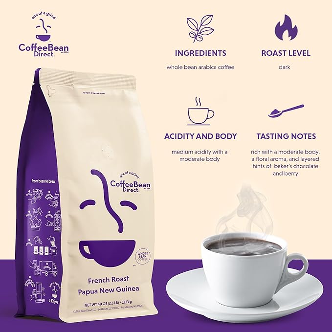 Coffee Bean Direct French Roast Papua New Guinea, Whole Bean Coffee, Dark Roast, 2.5 Pound Bag (Pack of 1)