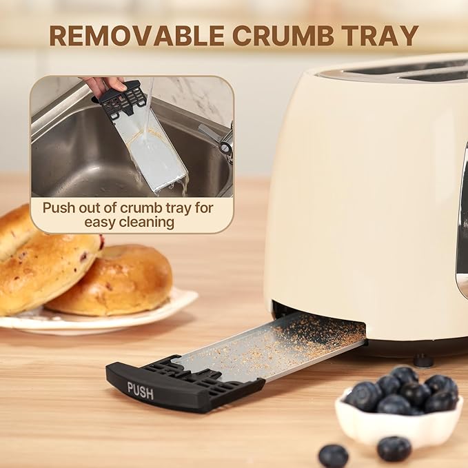 Toaster 2 Slice Smart Touch Screen, Retro 1.5'' Extra Wide Slot Stainless Steel Digital Bread Toaster with Memory Function, Bagel, Defrost, 6 Browning Levels and Removable Crumb Tray, Cream