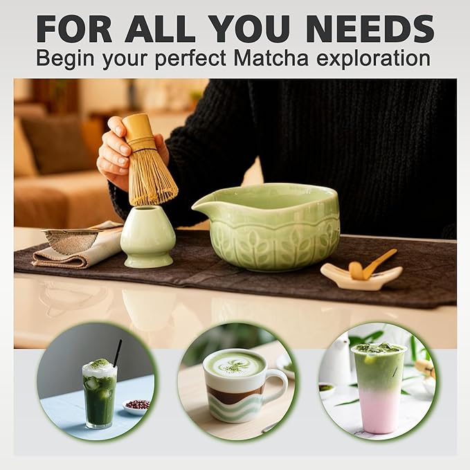 Matcha Whisk Bowl Set, 7PCS All-in-One Japanese Tea Set Includes Matcha Bowl with Spout, Bamboo Whisk (Chasen) with Stand, Scoop, Sifter, Complete Kit for Ceremony, Gift for Matcha Tea Lovers（Green)