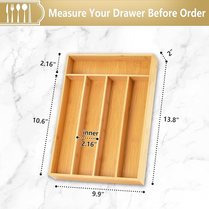 Silverware Organizer, 2 Pack 10 Inch Utensil Organizer Kitchen Drawer Organizer Bamboo Silverware Holder Cutlery Tray Organizer in Drawer Flatware Organizer Tray(5 slots, Natural）