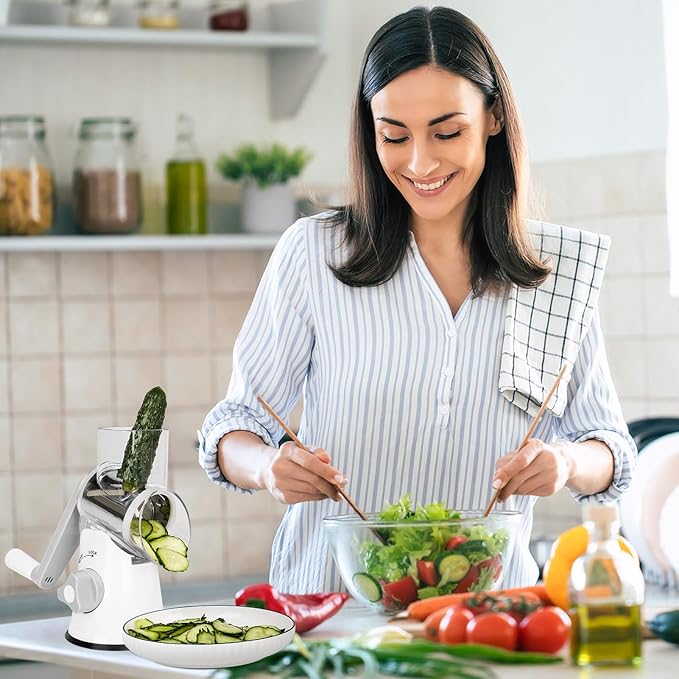 X Home Rotary Cheese Grater for Kitchen, Shredder with 3 Interchangeable Blades, Rotary Grater with Handle and Strong Suction Base, for Vegetables, Fruit, Nuts, Easy to Use and Clean, White