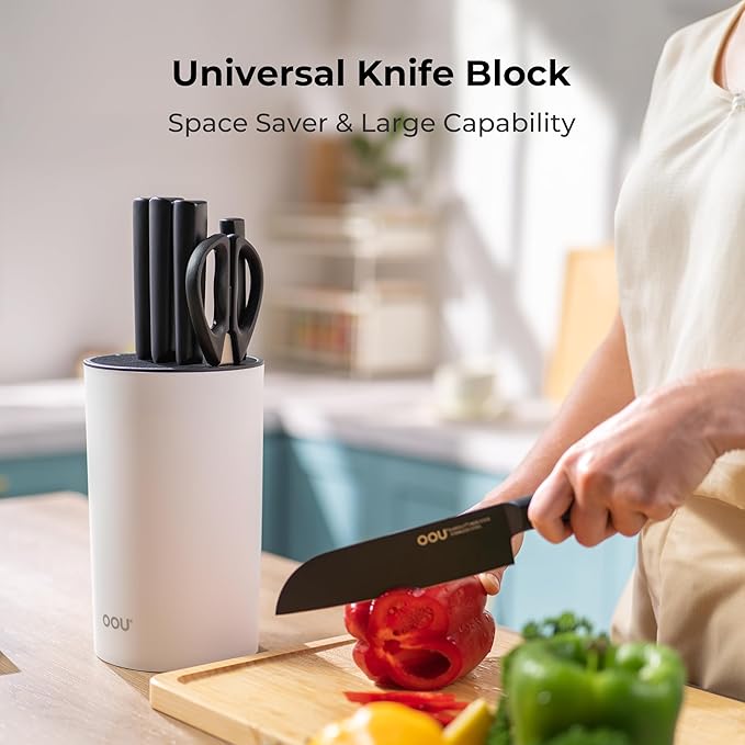 OOU Universal Knife Block Holder - Round Kitchen Knife Storage Unique Slot Design to Protect Blades, Space Saver Knife Organizer Detachable for Easy Cleaning, White