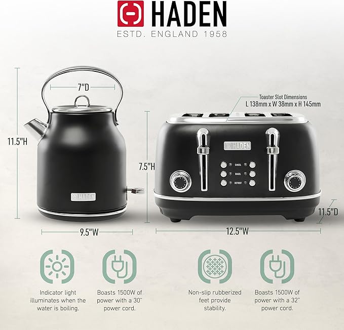 Haden Heritage 4 Slice Wide Slot Stainless Steel Toaster Bundled with 1.7 Liter Stainless Steel Electric Water Kettle, Black & Chrome