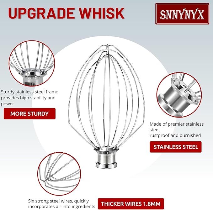K5A 6 Wire Whip Attachment for KitchenAid 5 6 Quart Bowl Lift Stand Mixer, Dishwasher Safe, 18/8 Stainless Steel, 6 Wire Whip for K4, K5, K5SS, KSM5, KG25, KF26, KP50, KSM6573, Professional 6000