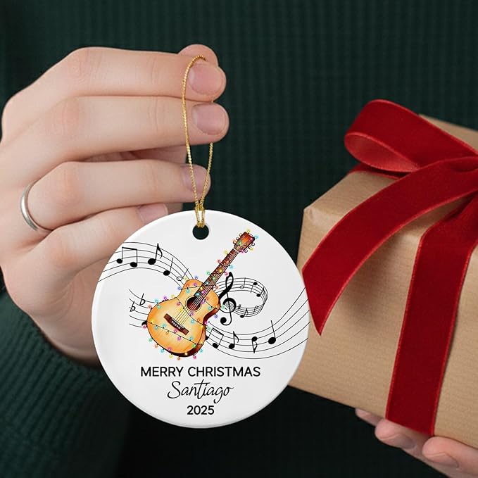 Custom Text Year Name Guitar Player Ceramic Christmas Ornament, Unique Guitar Instrument Ornament Gift for Guitarist Grandparent Dad Mom Brother Sister, Personalized Guitar Musical Ceramic Ornaments