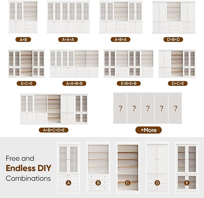 70.8" Tall Farmhouse Kitchen Pantry Cabinet with Glass Doors, Modular Wooden Storage Cabinet with 6-Tier Adjustable Shelves, Hutch for Kitchen or Living Room, White, Set of 3