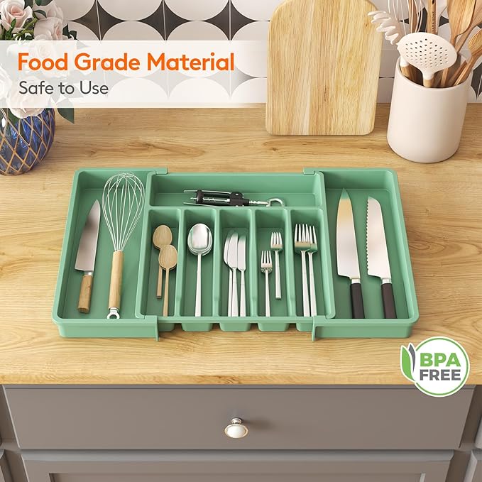Lifewit Silverware Drawer Organizer, Expandable Utensil Tray for Kitchen, BPA Free Flatware and Cutlery Holder, Adjustable Plastic Storage for Spoons Forks Knives, Large, Green